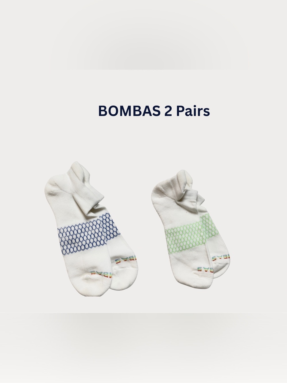 Bombas white ankle socks with blue and green honeycomb accent LG